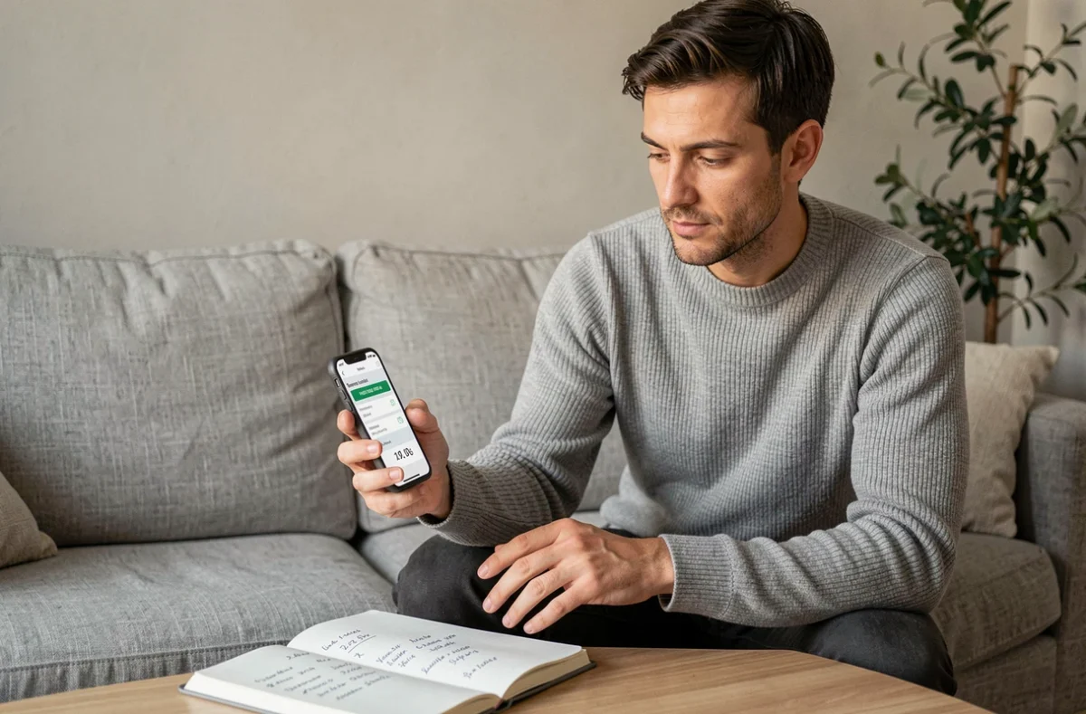 Giovane uomo che confronta i migliori tassi di prestiti personali su app bancaria dal proprio smartphone a casa