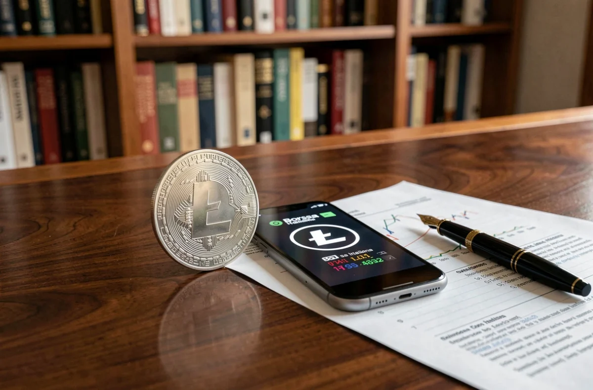 Moneta commemorativa Litecoin accanto a smartphone con ticker Borsa Italiana e report finanziario su scrivania in noce, simbolo delle criptovalute alternative al Bitcoin
