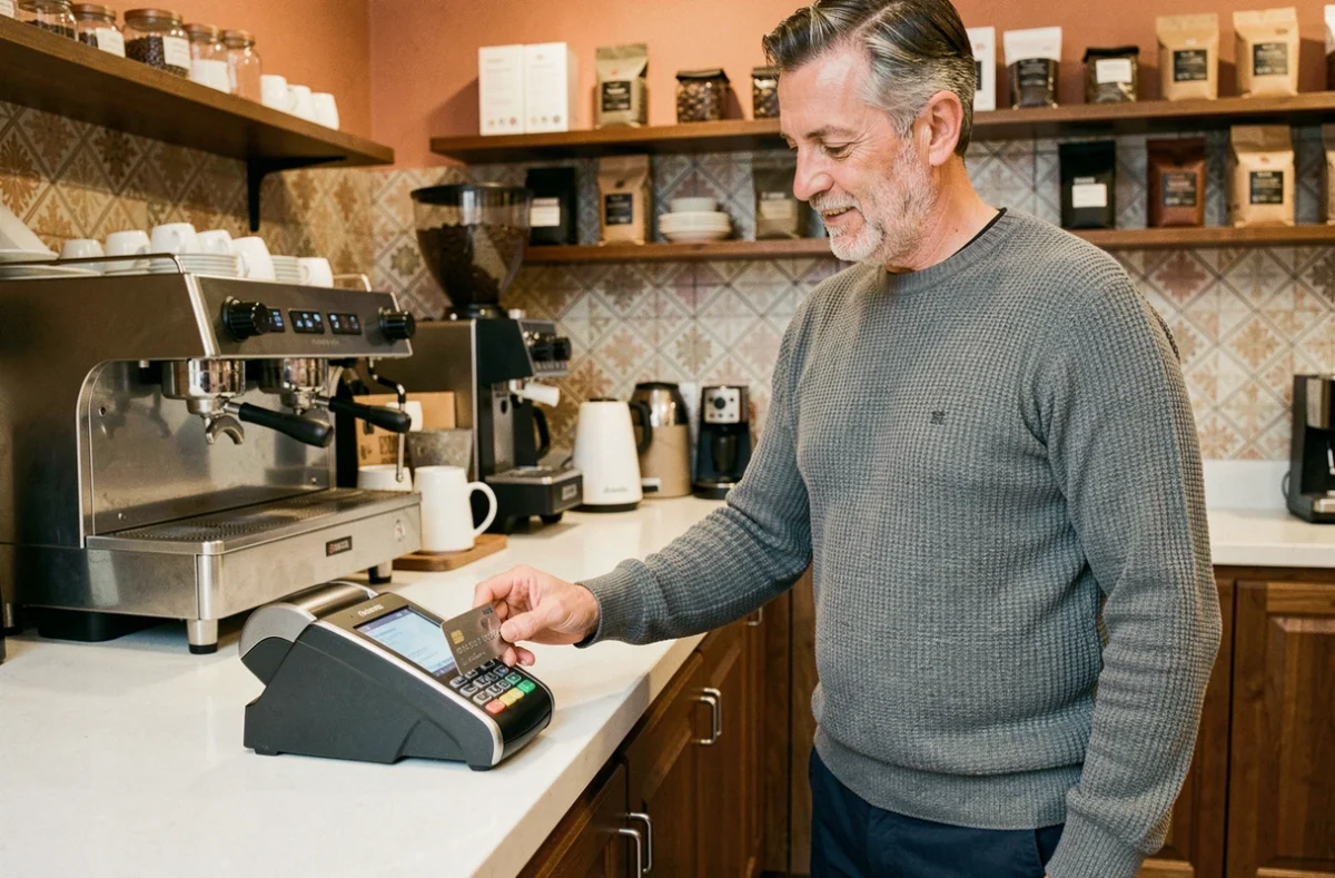 Uomo italiano che paga con carta di credito contactless su un terminale POS in un bar moderno