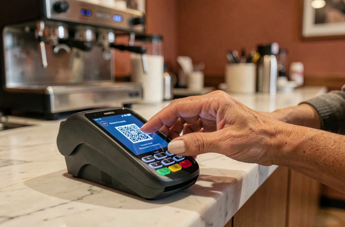 Pagamento con criptovaluta tramite terminale contactless in un caffè italiano con display blockchain
