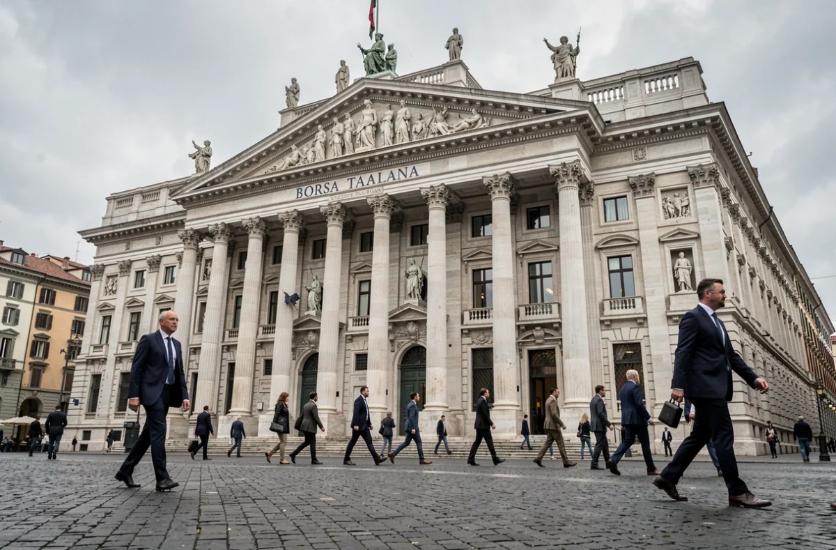 Facciata di Palazzo Mezzanotte sede della Borsa Italiana in Piazza degli Affari a Milano con passanti in abiti business