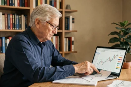 Pensionato anziano che analizza grafici di borsa e documenti finanziari su laptop nel suo studio domestico, rappresentando il concetto di ipoteca inversa e investimenti pensionistici