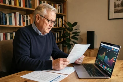 Uomo anziano che esamina documenti pensionistici accanto a un portafoglio di criptovalute sul laptop, in un ufficio domestico