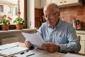Pensionato italiano anziano che esamina documenti sulla riforma pensionistica della legge di bilancio 2026 al tavolo di cucina