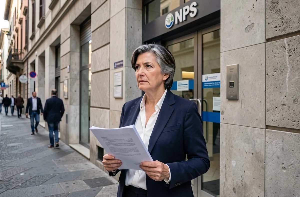Donna italiana di mezza età davanti a uno sportello INPS con documenti per la pensione anticipata 2026