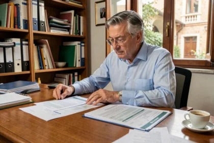 Uomo di 58 anni che esamina documenti sulla pensione anticipata alla scrivania del suo studio domestico