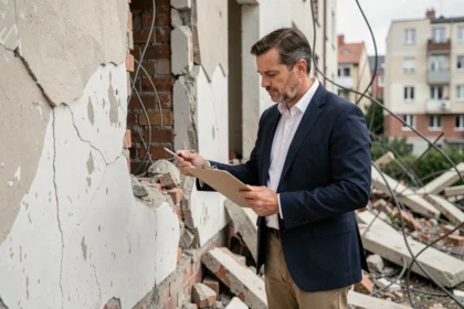 Perito assicurativo che valuta i danni strutturali a un edificio residenziale dopo un terremoto, con muri crepati e macerie visibili
