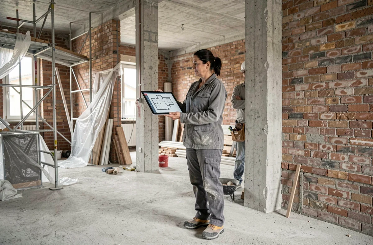 Architetta e operaio edile al lavoro in un appartamento italiano in fase di ristrutturazione, agevolazioni fiscali Piano Casa 2026