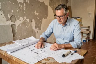 Uomo di mezza età che esamina documenti e planimetrie per la ristrutturazione della casa nel contesto del Piano Casa 2026