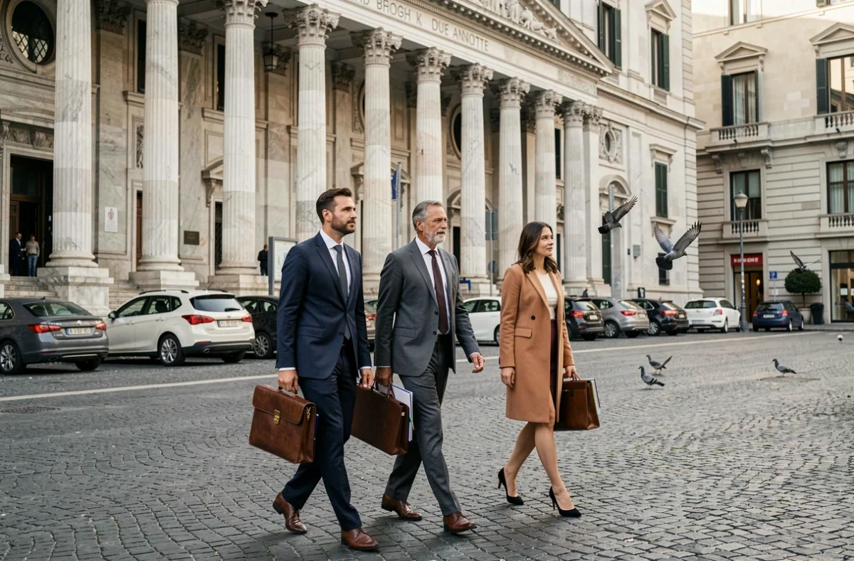 Professionisti finanziari che camminano davanti a Palazzo Mezzanotte in Piazza Affari a Milano, sede della Borsa Italiana