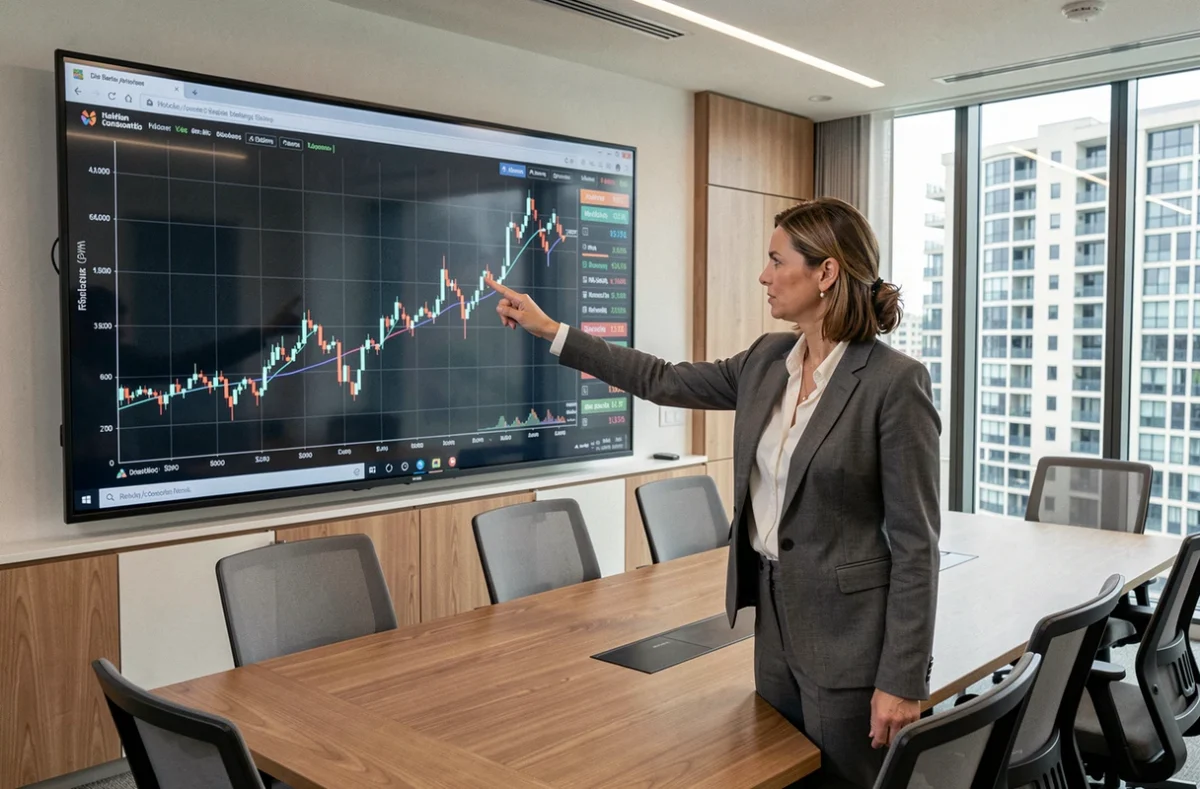Donna d'affari che presenta l'impatto dei trend immobiliari sull'andamento della borsa nel 2026