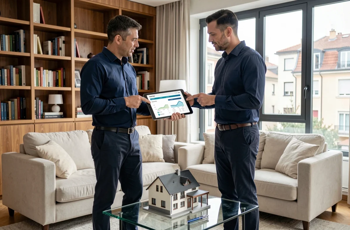 Uomo in soggiorno che analizza preventivi assicurazione casa su tablet con modellino di casa sul tavolo