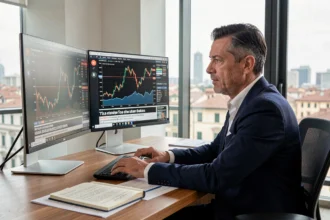 Professionista italiano che analizza grafici di criptovalute su monitor in un ufficio moderno a Milano