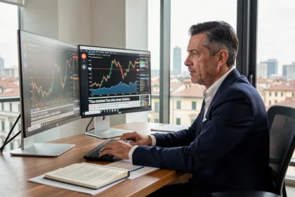 Professionista italiano che analizza grafici di criptovalute su monitor in un ufficio moderno a Milano
