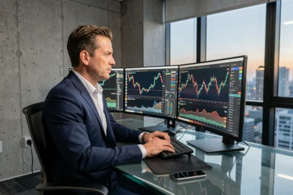 Professionista che analizza grafici di criptovalute su più monitor in un ufficio moderno