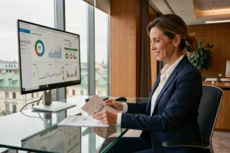 Professionista finanziaria che analizza dati ESG e investimenti sostenibili in un ufficio moderno a Milano