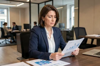 Professionista italiana che analizza previsioni economiche e grafici finanziari in un ufficio moderno a Milano per il 2026