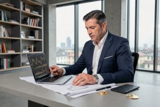 Professionista che analizza grafici Bitcoin e planimetrie immobiliari in un ufficio moderno a Milano