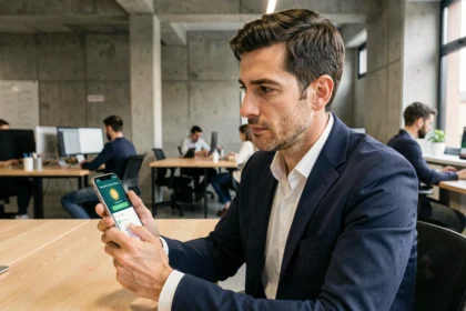 Professionista italiano che utilizza un'app di criptovalute su smartphone in un ufficio moderno a Milano