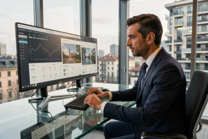 Professionista italiano che analizza criptovalute e mercato immobiliare su monitor in un ufficio moderno con vista su Milano