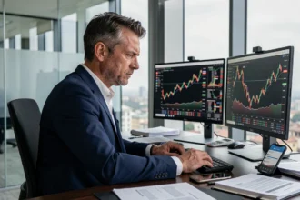 Professionista finanziario italiano che analizza grafici di criptovalute su monitor in un ufficio moderno a Milano