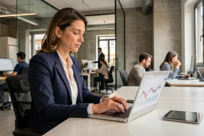Professionista fintech italiana che analizza dati finanziari su laptop e tablet in un ufficio moderno a Milano