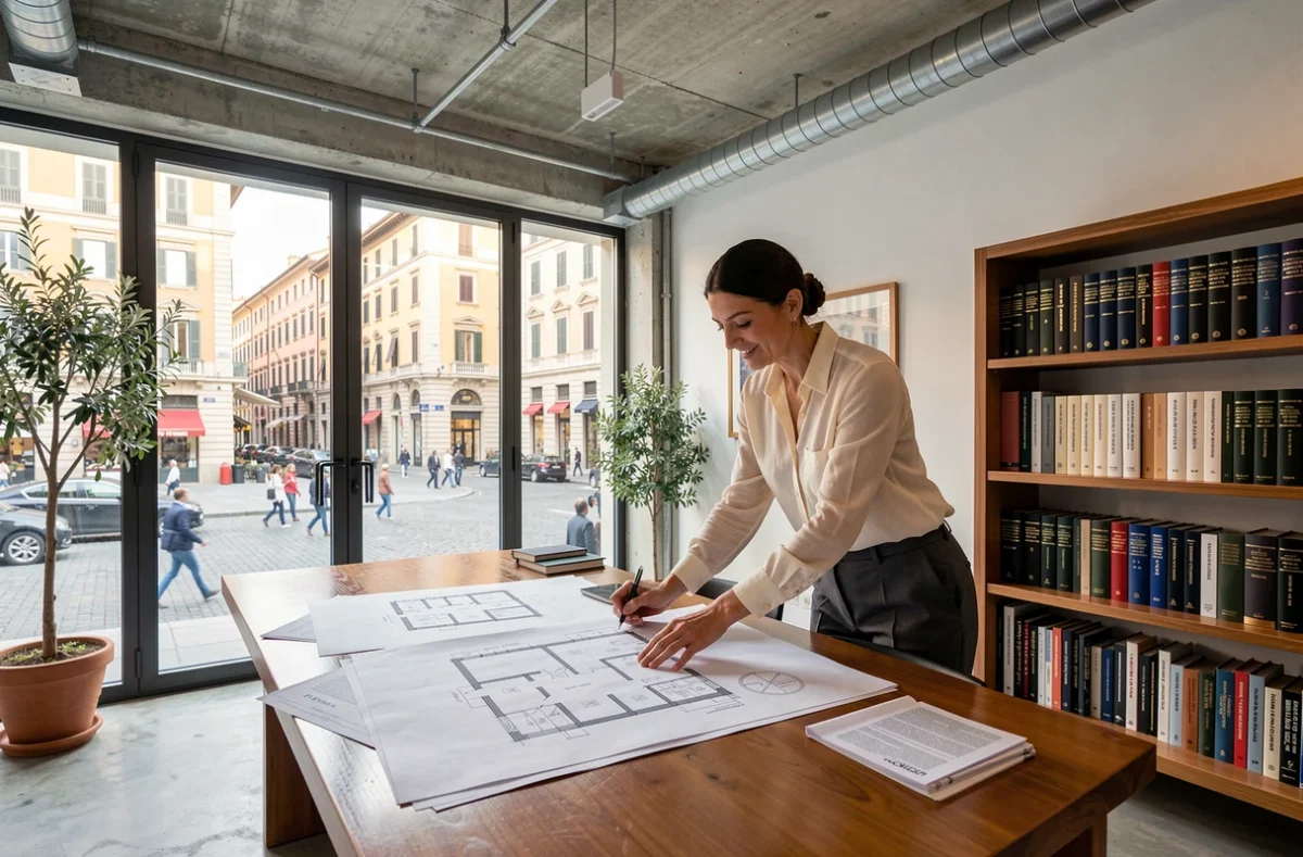 Professionista immobiliare femminile che analizza planimetrie su un tavolo in un ufficio contemporaneo a Roma