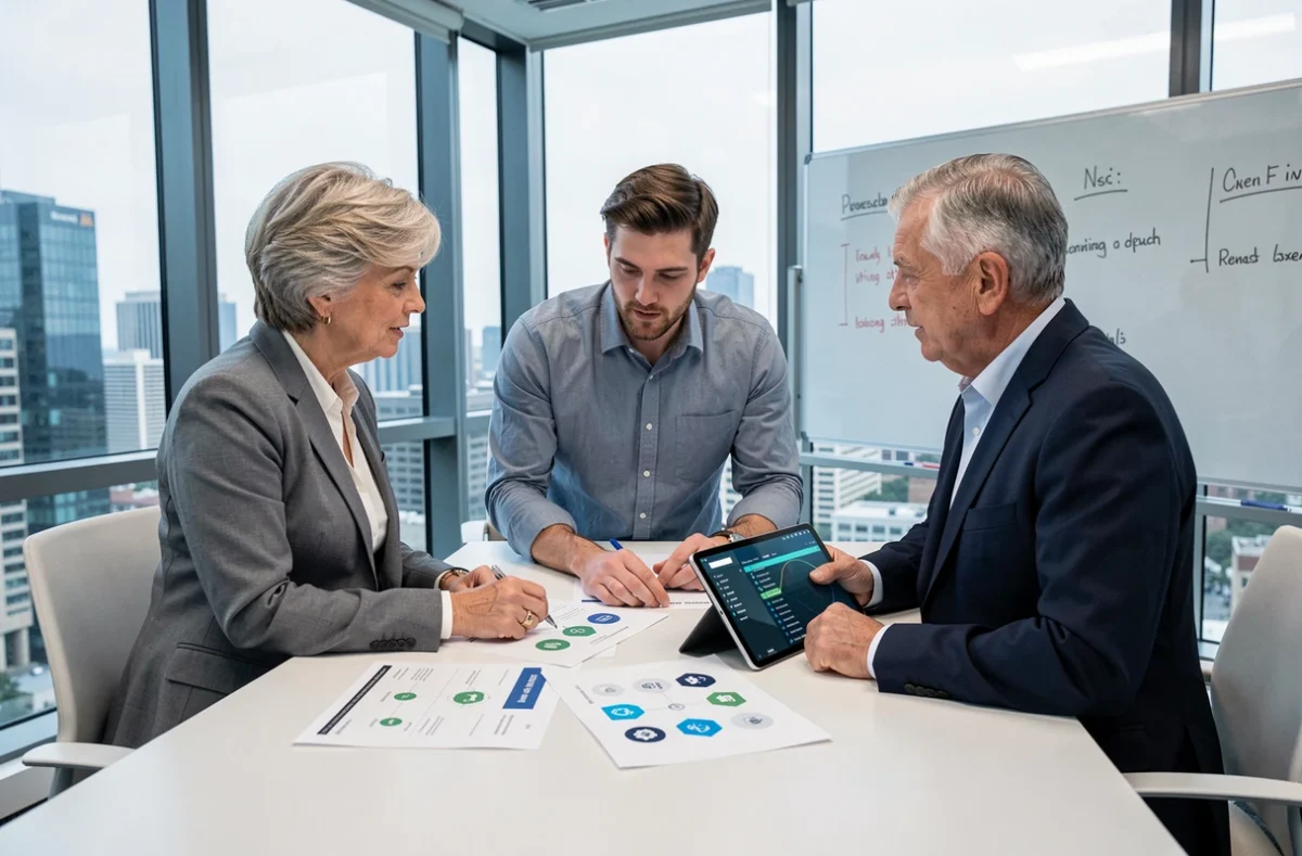 Team di professionisti di diverse età che discutono di blockchain e pensioni in una sala riunioni moderna
