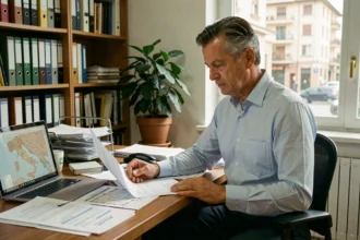 Proprietario di immobile che esamina documenti catastali e planimetrie alla scrivania per la riforma del catasto 2026