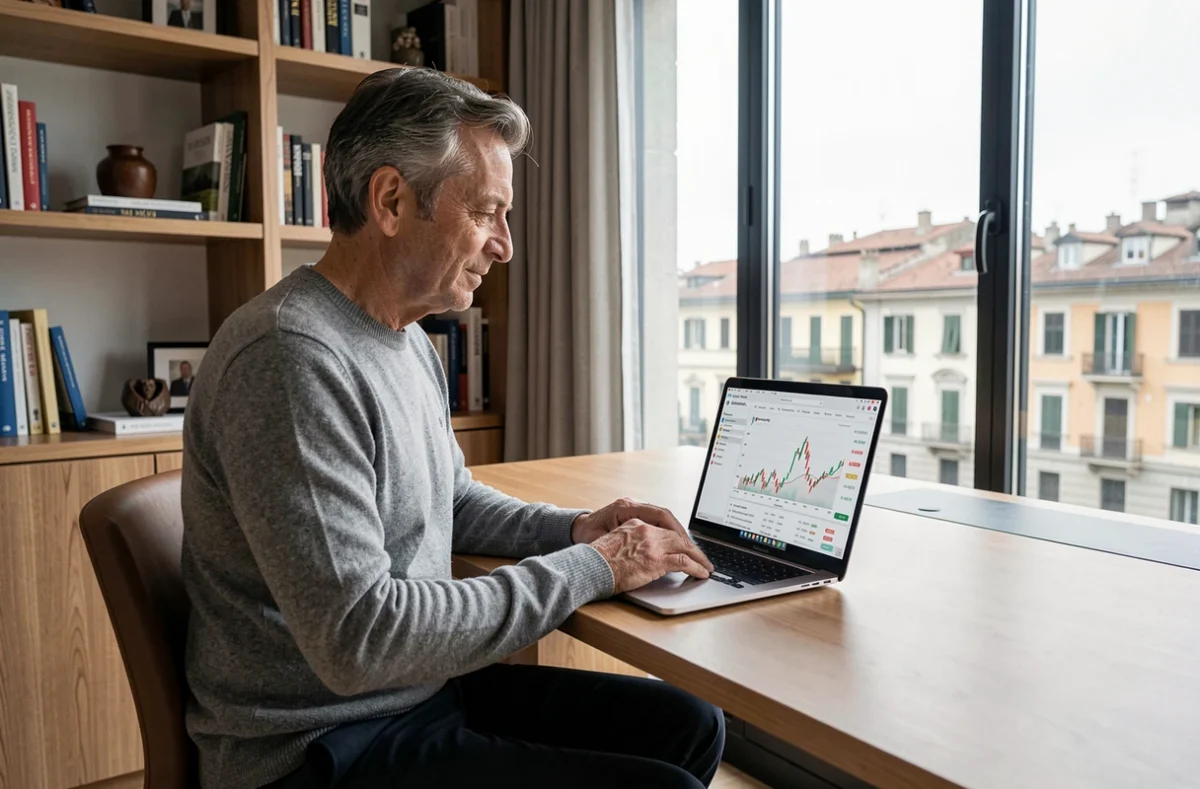 Uomo italiano che gestisce investimenti di risparmio gestito su laptop da casa con dashboard finanziaria