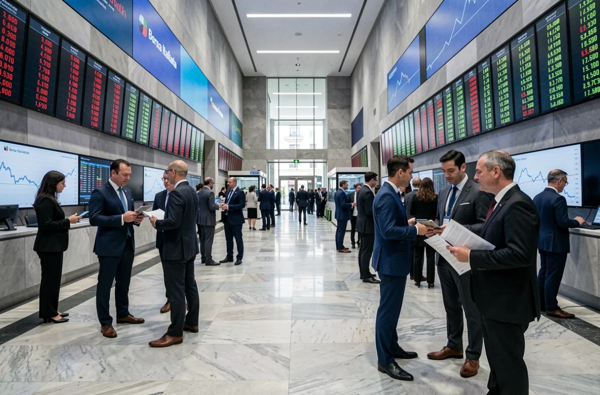Sala di negoziazione della Borsa Italiana con schermi dei ticker e professionisti finanziari durante il primo trimestre 2026