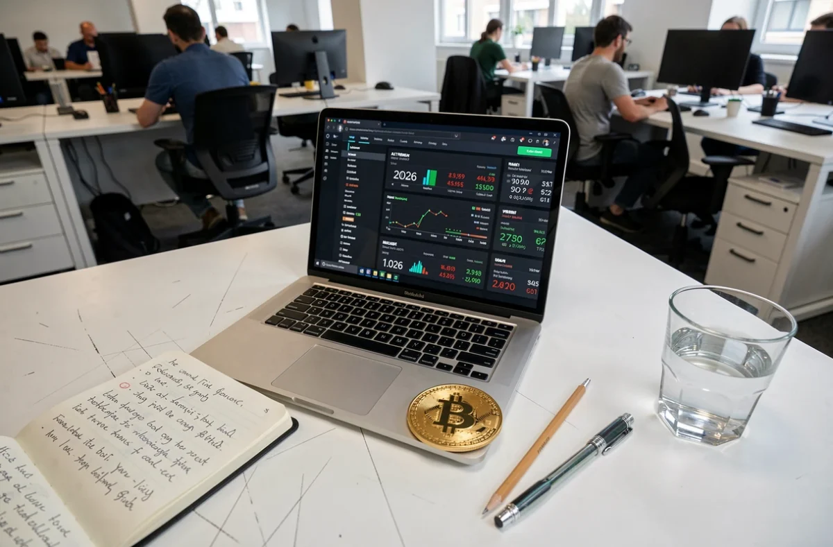 Scrivania con laptop aperto su piattaforma di criptovalute, moneta Bitcoin e appunti finanziari
