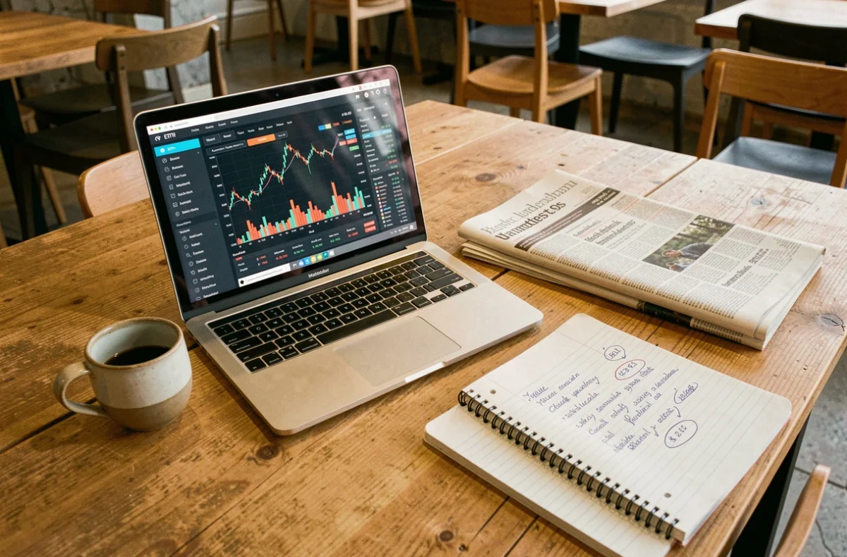 Scrivania con laptop che mostra un portafoglio ETF, giornale finanziario e taccuino con appunti di investimento
