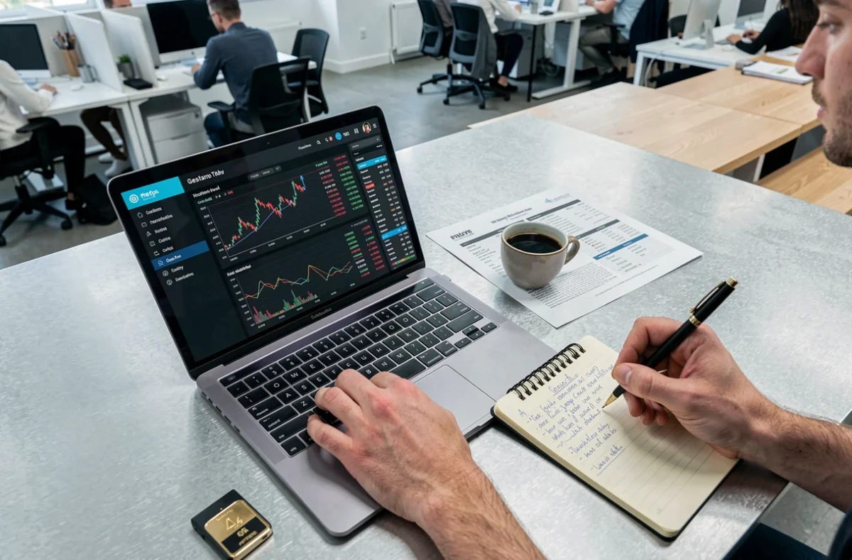 Scrivania con laptop aperto su piattaforma di trading online criptovalute e borsa, portafoglio hardware e appunti finanziari