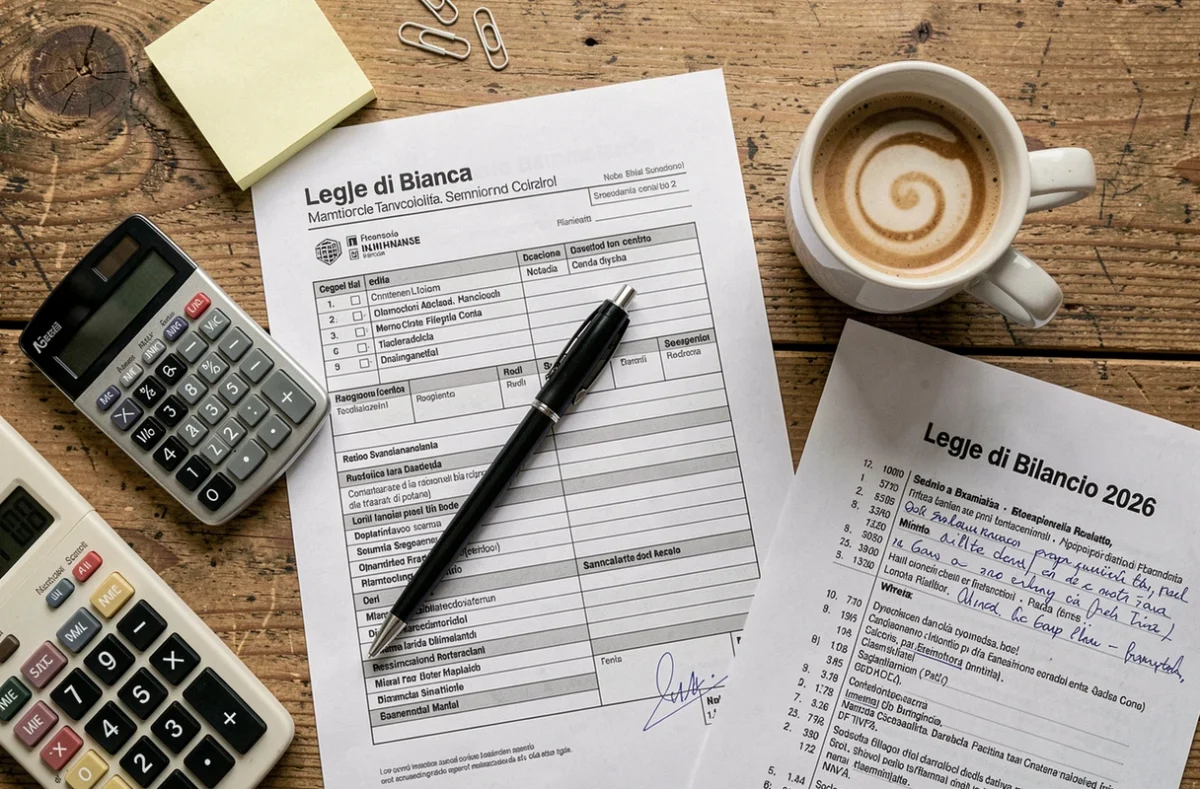 Scrivania con modulo fiscale, calcolatrice e sintesi della legge di bilancio 2026 con note a mano