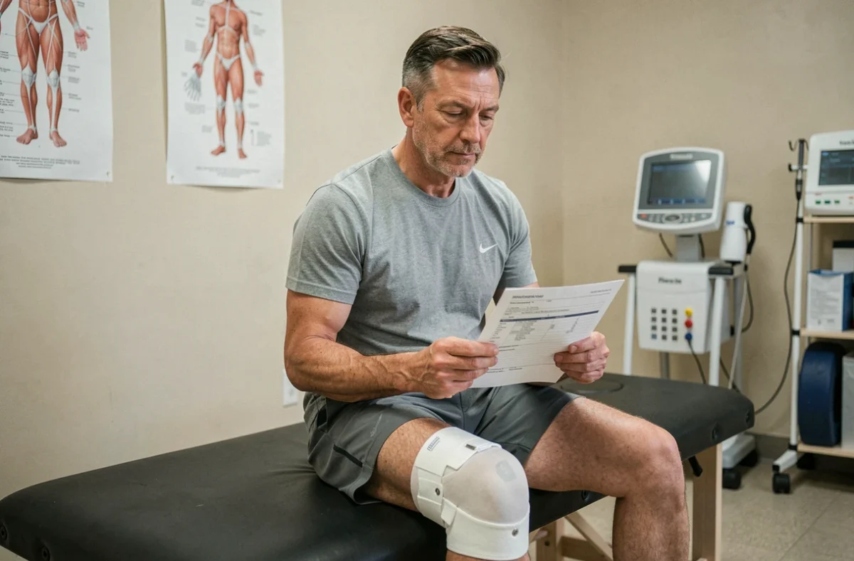 Sportivo con tutore al ginocchio che compila un modulo di rimborso assicurazione infortuni in clinica fisioterapica
