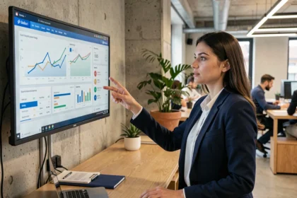 Giovane imprenditrice italiana in uno spazio di co-working moderno a Milano, davanti a monitor con dashboard digitali e grafici di crescita per startup nel 2026