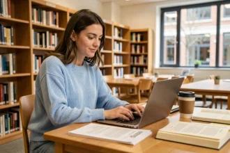 Studentessa universitaria italiana che esamina documenti per un prestito bancario su una scrivania in biblioteca con laptop e libri