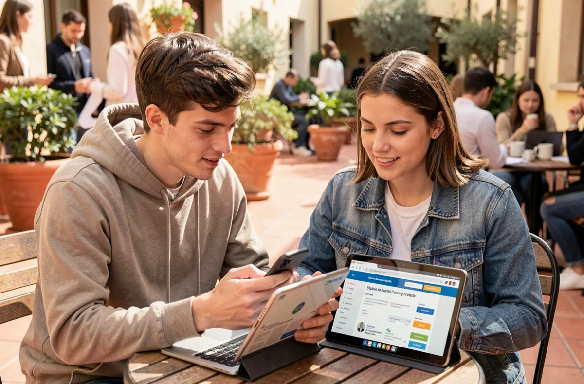 Due studenti universitari italiani confrontano proposte di prestiti bancari su smartphone e tablet seduti al tavolino del campus