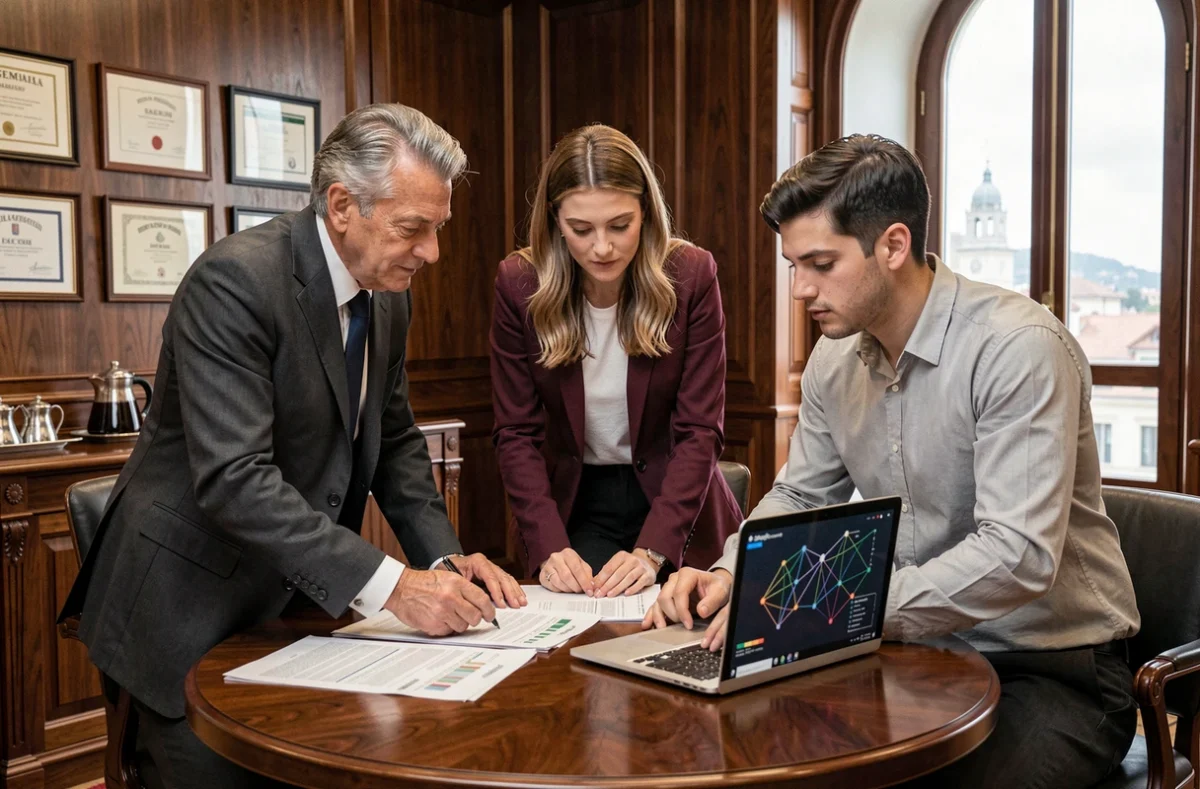 Team di professionisti bancari italiani che discutono opportunità blockchain in sala riunioni elegante