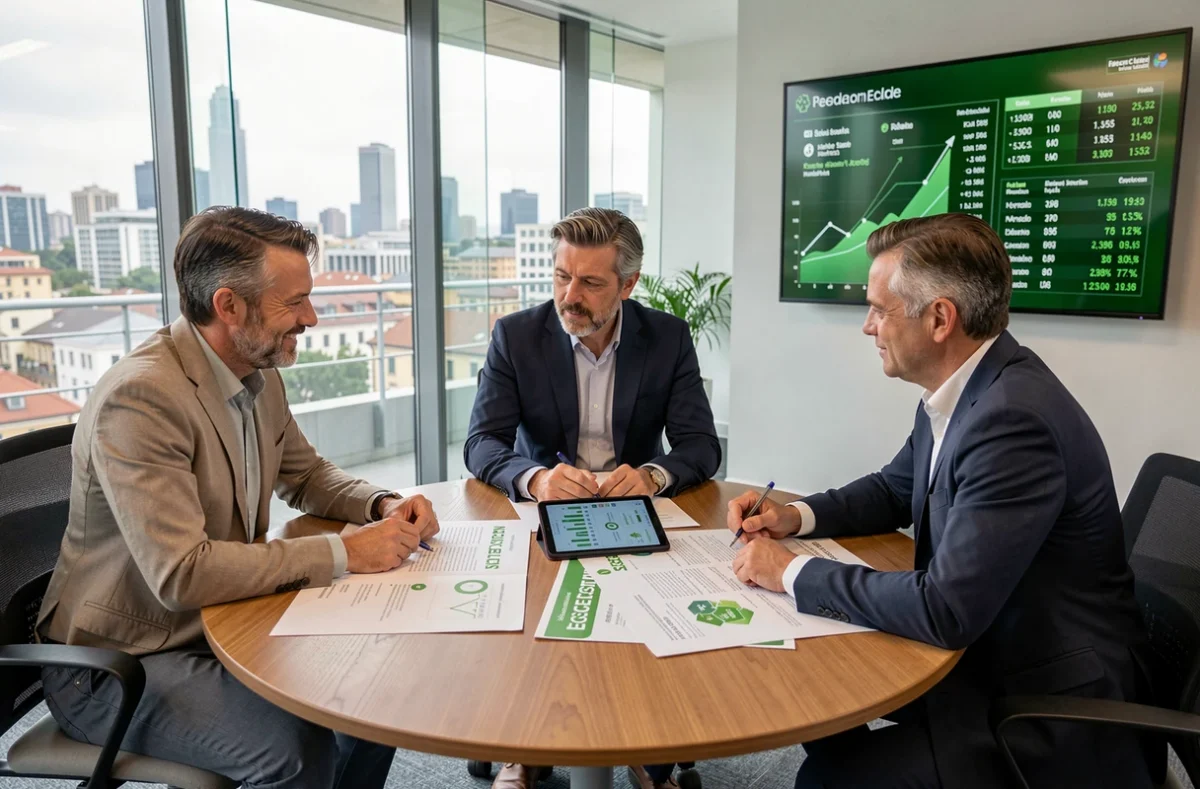 Team di professionisti bancari italiani che collaborano su strategie ESG e investimenti sostenibili in sala riunioni