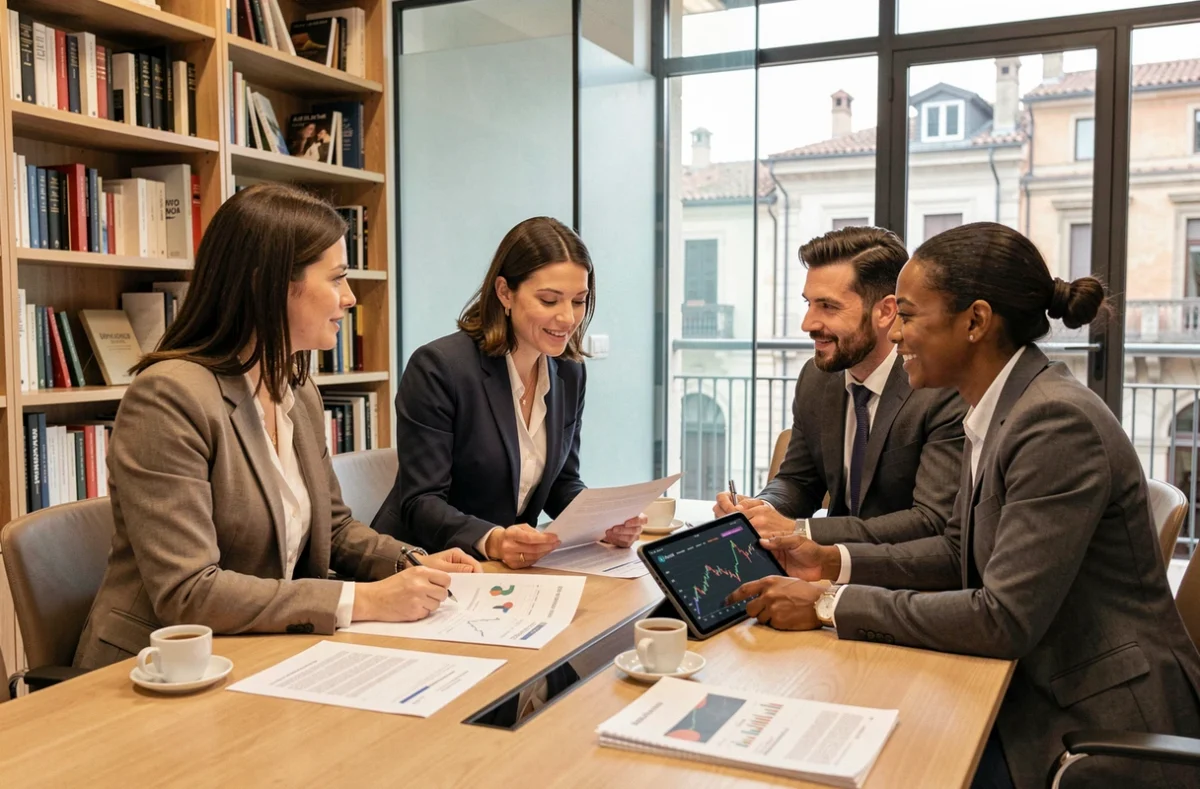 Team di professionisti finanziari che analizzano previsioni e report sulla borsa italiana intorno a un tavolo riunioni moderno