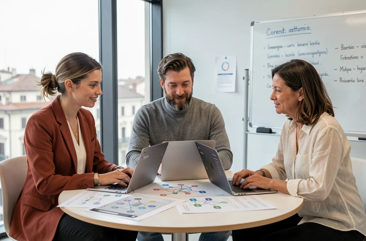 Team di una start-up italiana di criptovalute che collabora attorno a un tavolo con laptop e documenti strategici