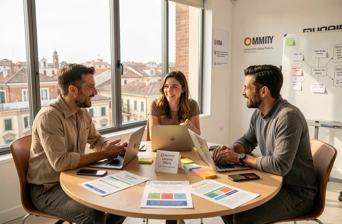 Team di fondatori di startup italiane riuniti attorno a un tavolo in un ufficio open-plan a Roma, con laptop e documenti di business plan durante una sessione di lavoro