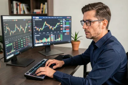 Trader professionista che analizza grafici di criptovalute su monitor dual-screen in un home office moderno nel 2026