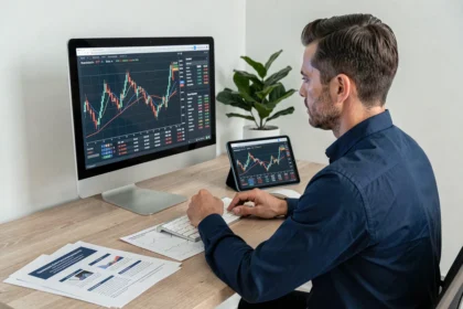Uomo che analizza dati ETF e grafici di borsa su un monitor in un ufficio domestico moderno