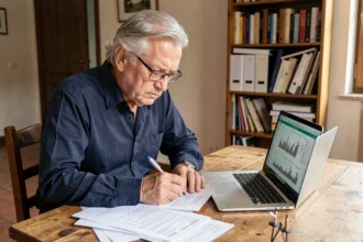 Uomo anziano che esamina documenti sulla riforma delle pensioni 2026 al tavolo di casa
