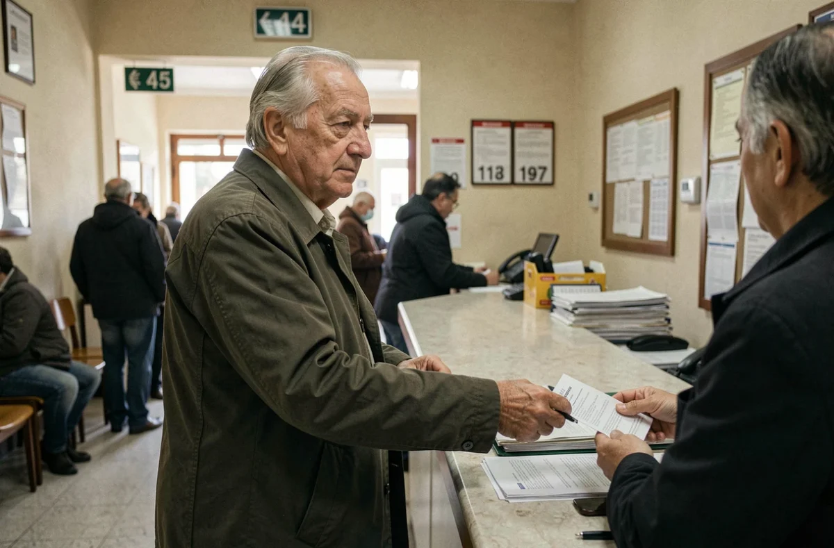 Uomo anziano allo sportello postale italiano per pratiche di pensione minima e assegno sociale, cambiamenti 2026