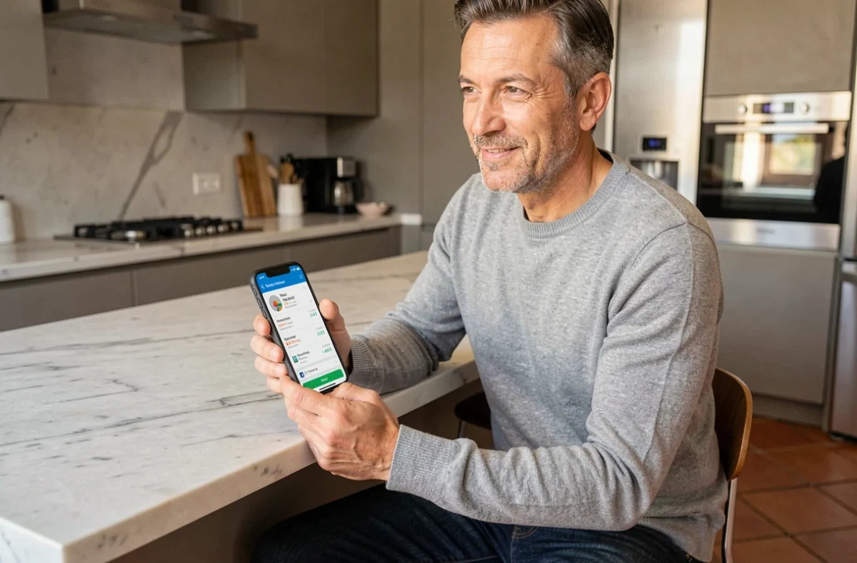 Uomo che utilizza app di banca online su smartphone in cucina moderna italiana