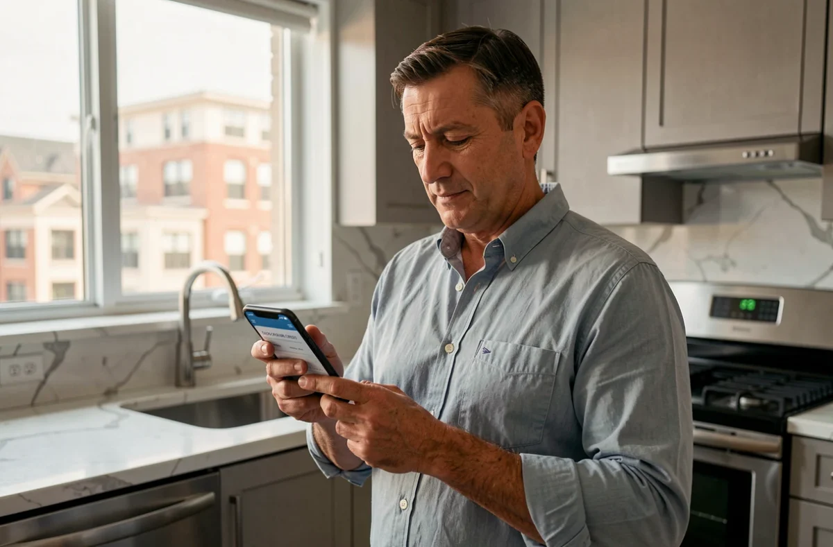 Uomo che utilizza un'app mobile per richiedere un prestito al consumo dalla cucina di casa, tendenze digitali 2026